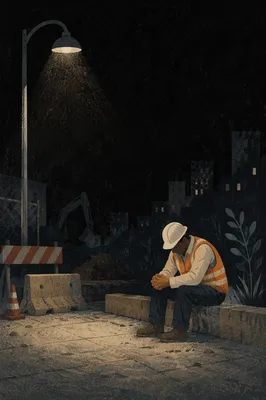 Construction Worker Prayer Break at Night