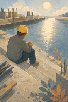 Construction Worker Prayer Break by Reflective Water