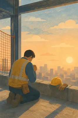 Construction Worker Prayer Break at Dawn