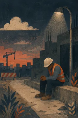 Construction Worker Prayer Break at Dusk