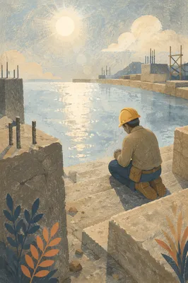 Construction Worker Prayer Break by Water