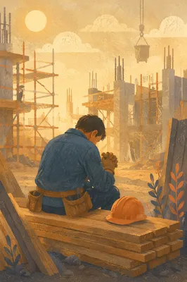 Construction Worker Prayer Break at Sunrise