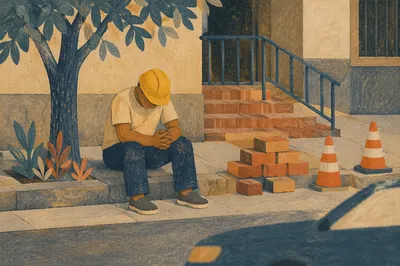 Construction Worker Prayer Break on City Sidewalk