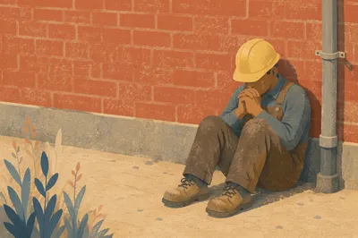 Construction Worker Prayer Break by Brick Wall