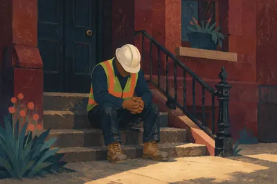 Construction Worker Prayer Break on Urban Steps