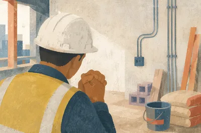 Construction Worker Prayer Break in Hard Hat