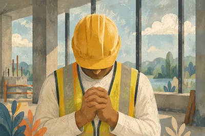 Construction Worker Praying During Quiet Break