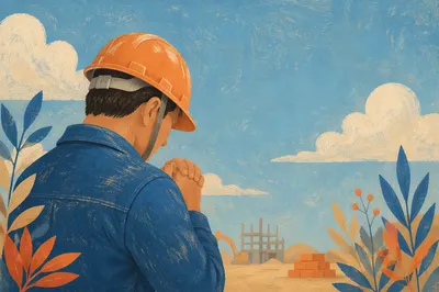 Construction Worker Prayer Break Under Blue Sky