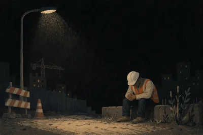 Construction Worker Praying During Night Break