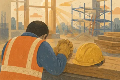 Construction Worker Prayer Break at Sunrise