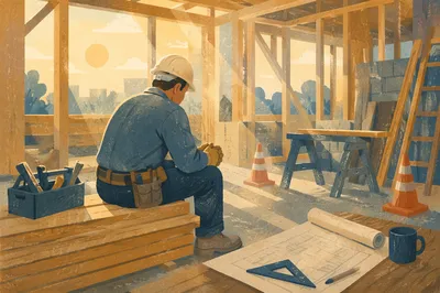 Construction Worker Prayer Break at Sunrise