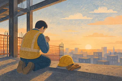 Construction Worker Prayer Break at Sunrise