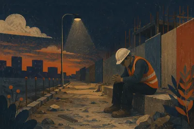 Construction Worker Prayer Break at Dusk