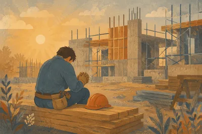 Construction Worker Prayer Break at Sunrise