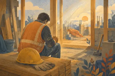 Construction Worker Prayer Break at Dawn