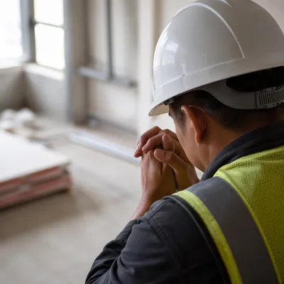 Construction Worker Praying During Quiet Break