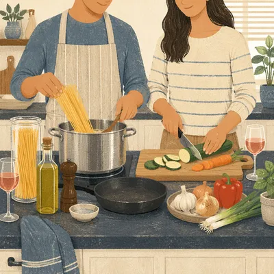 Couple Cooking Pasta in Bright Kitchen