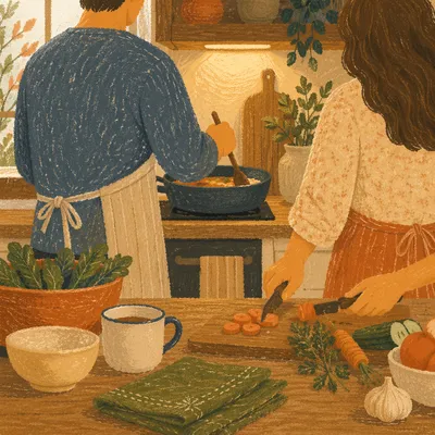 Couple Cooking Together in Cozy Kitchen