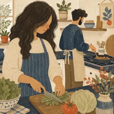 Couple Cooking Together in Cozy Kitchen