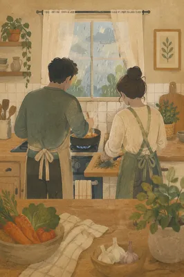 Cozy Couple Cooking on Rainy Morning