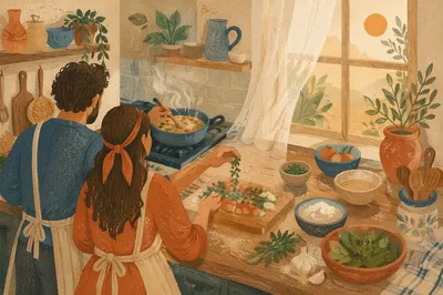 Cozy Couple Cooking in Sunlit Kitchen