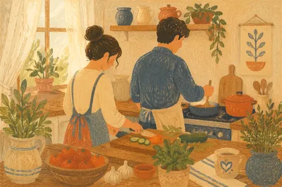 Cozy Couple Cooking in Sunday Kitchen