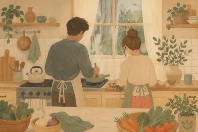Cozy Couple Cooking on Rainy Morning