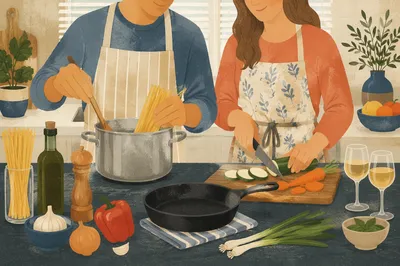 Couple Preparing Pasta in Bright Kitchen