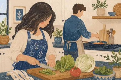 Cozy Couple Cooking in Bright Kitchen