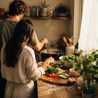 Couple Cooking Together in Cozy Kitchen