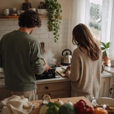 Cozy Couple Cooking on Rainy Morning