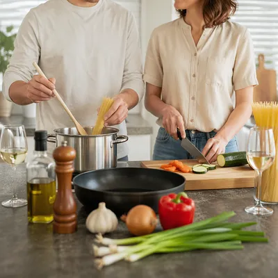 Couple Cooking Pasta in Modern Kitchen