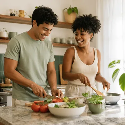 Joyful Couple Cooking in Bright Kitchen