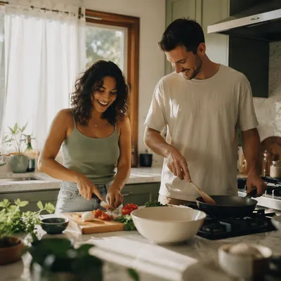 Young Couple Cooking in Bright Kitchen