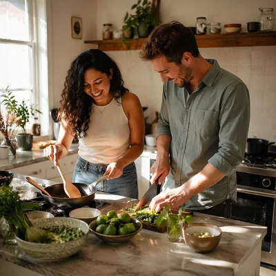 Young Couple Cooking in Bright Kitchen