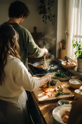 Couple Cooking Together in Cozy Kitchen