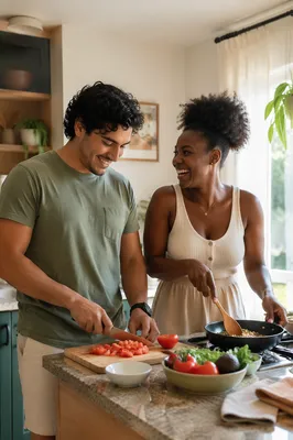 Young Couple Cooking in Bright Kitchen