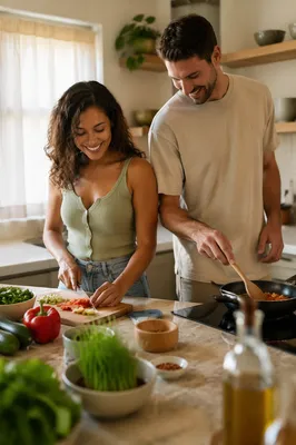 Young Couple Cooking in Bright Kitchen