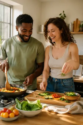 Young Couple Cooking in Bright Kitchen