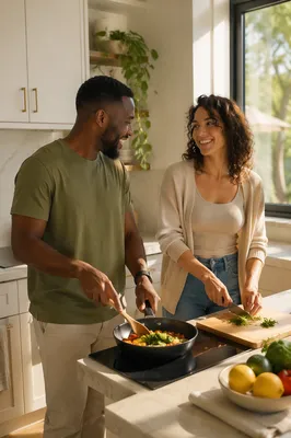 Young Couple Cooking in Bright Kitchen