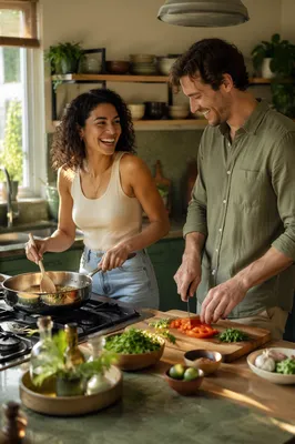 Young Couple Cooking in Bright Kitchen
