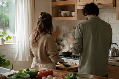Couple Cooking Together on Rainy Morning