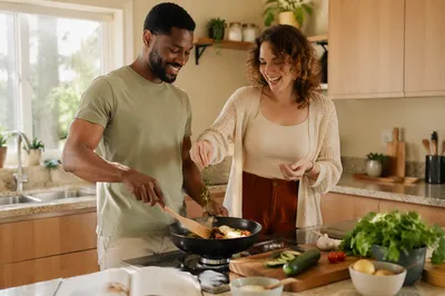 Young Couple Cooking in Bright Kitchen