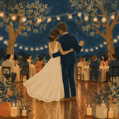 Couple First Dance Under String Lights