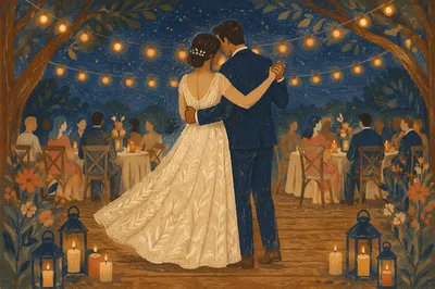 Couple First Dance Under String Lights