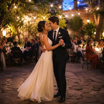 Newlywed Couple First Dance Under String Lights