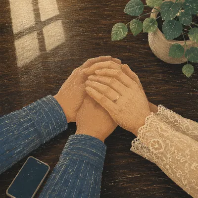 Couple Praying Hands on Wooden Table