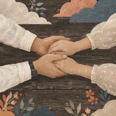 Couple Praying Hand in Hand on Wood
