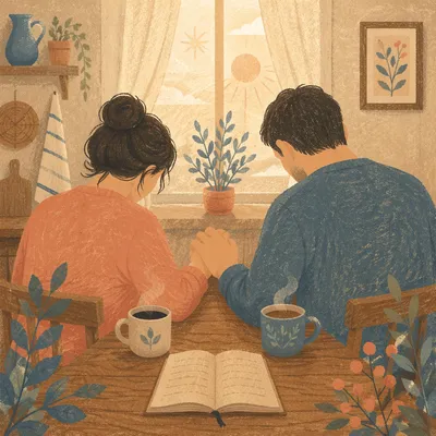 Couple Praying at Sunrise Kitchen Table