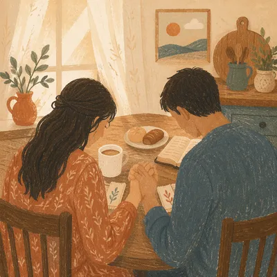 Couple Praying Together at Breakfast Table